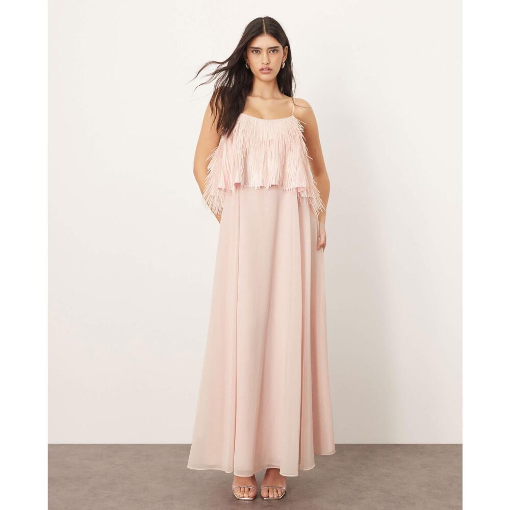 NWT ARRANGE shard sequin layered trapeze cami maxi dress in light pink US 6